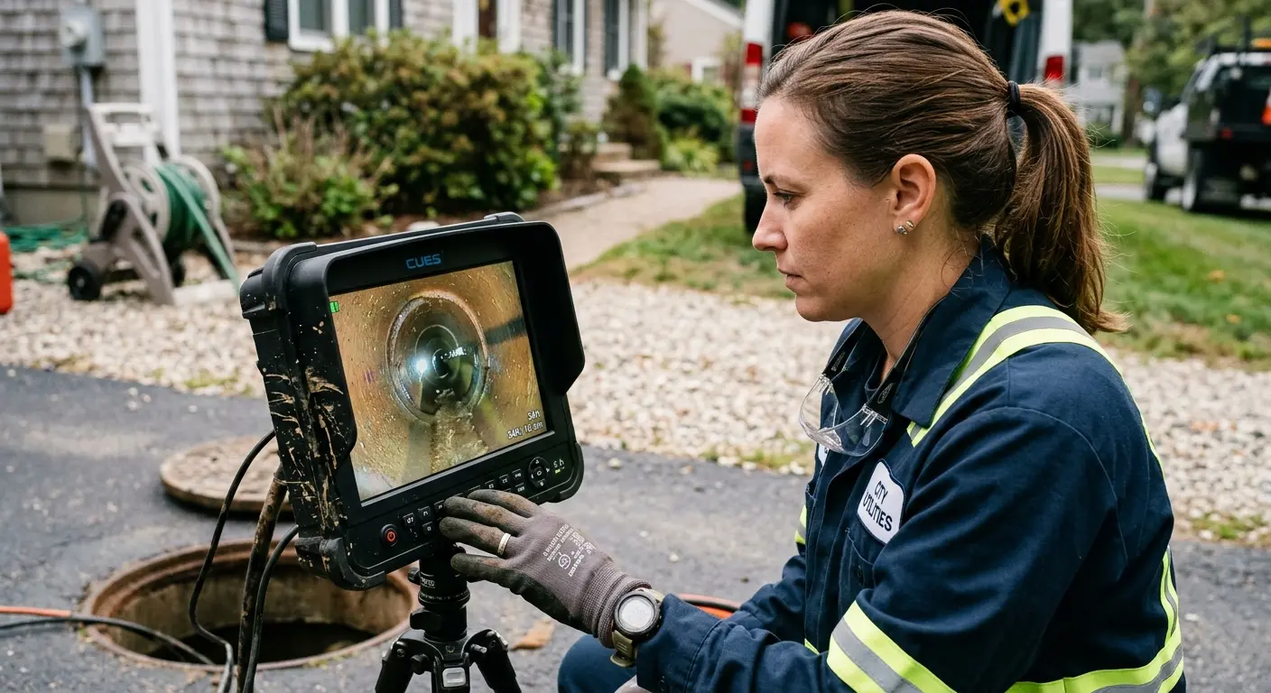 Technician reviewing sewer camera inspection footage in Granite Shoals