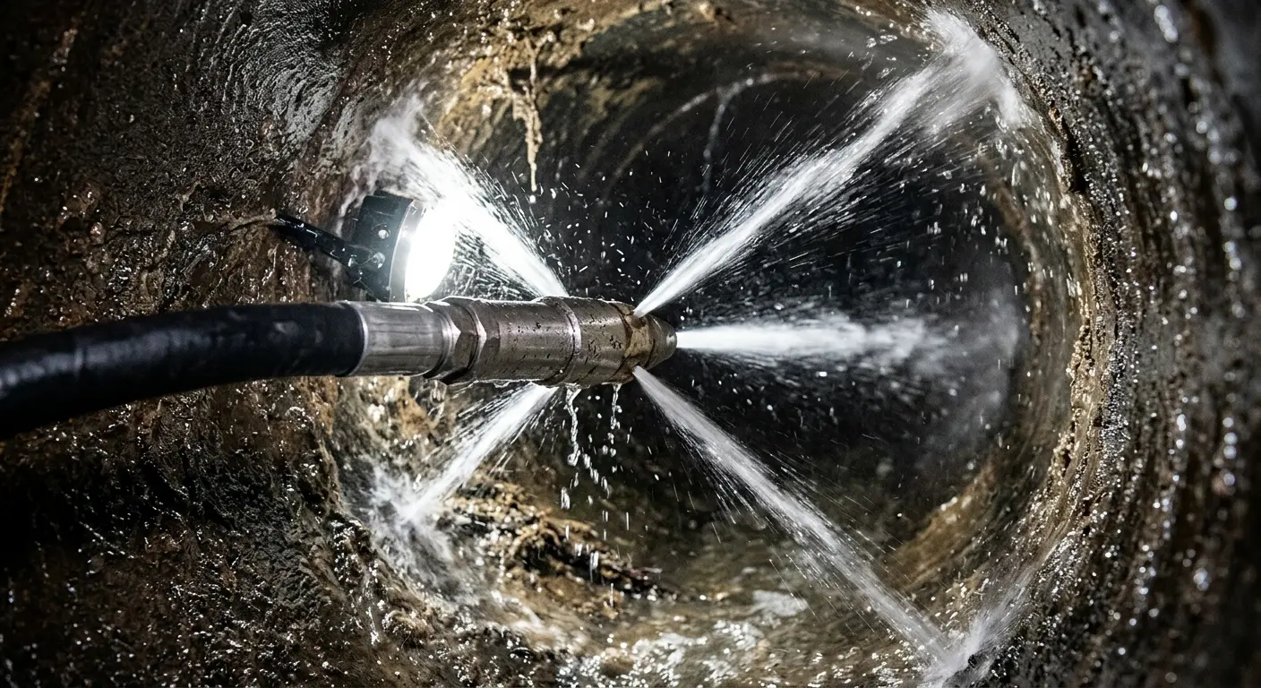 High-pressure hydro jetting nozzle cleaning sewer pipe for Sewer Line Relining in Granite Shoals