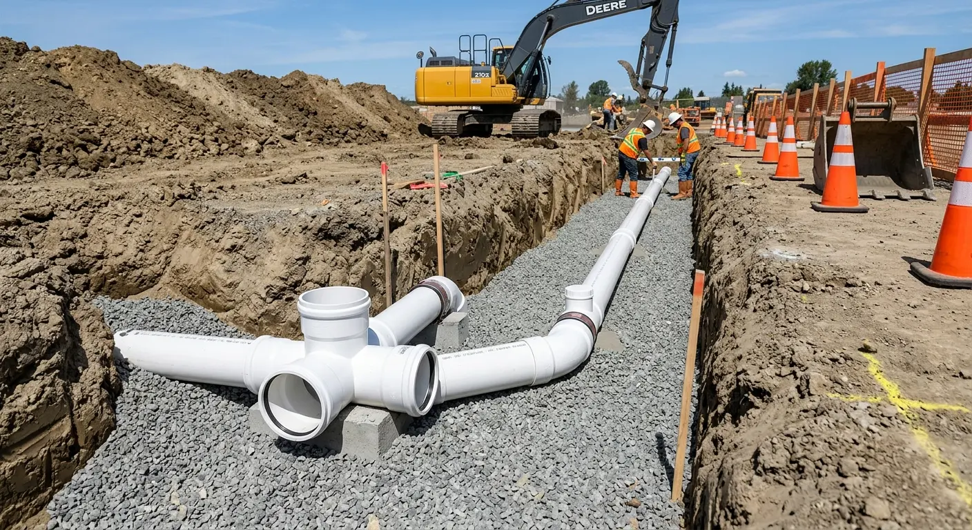 New PVC sewer pipe installation in open trench for Sewer Backup in Granite Shoals